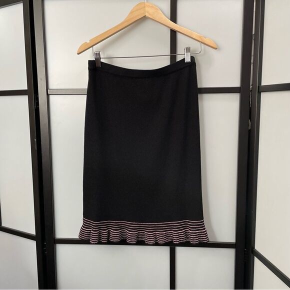 [M] Vintage Sag Harbour Thick Woven Black with Pink Stripes A-Line Midi Skirt - Picture 1 of 6
